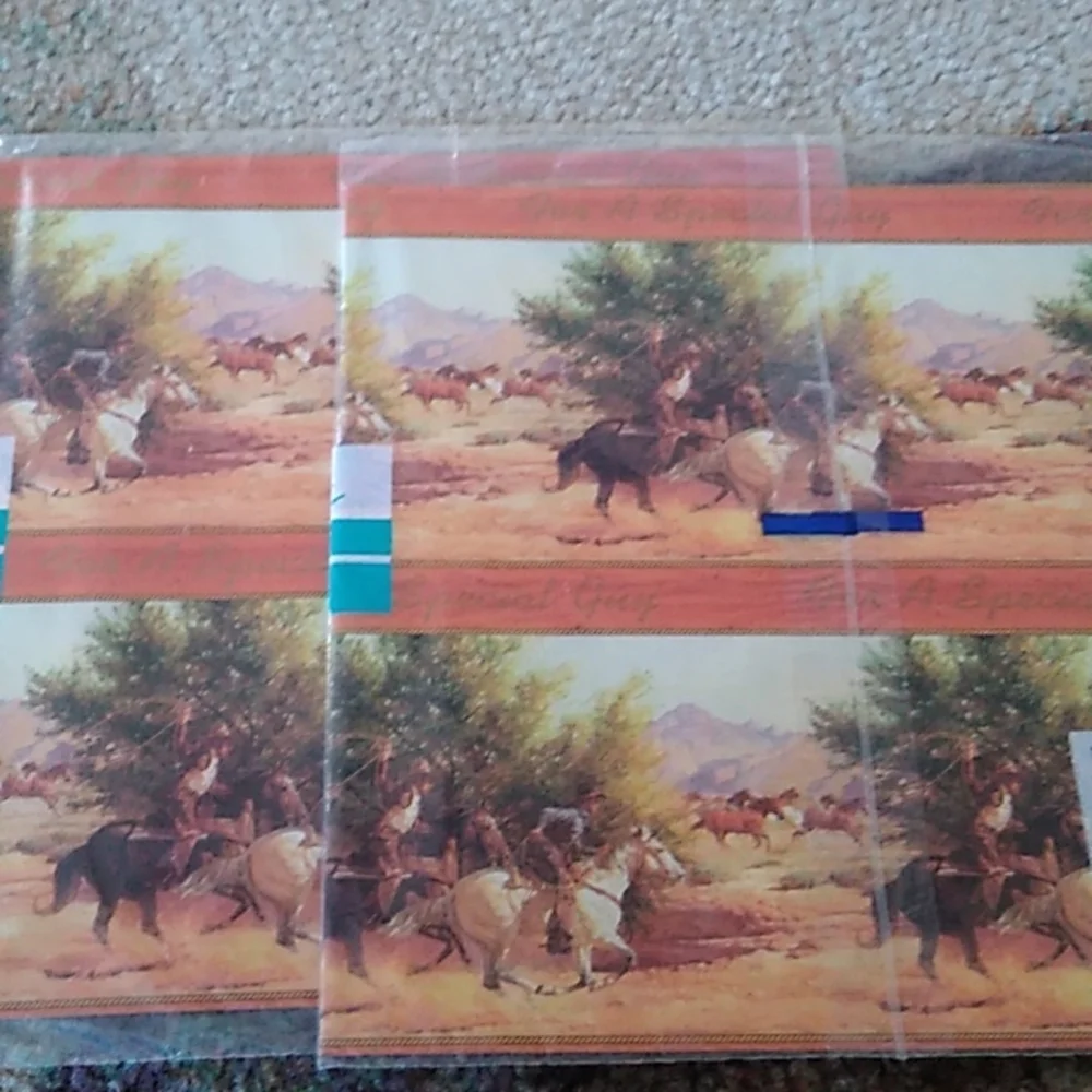 Vintage CLEO Men's Cowboy Horses Western Gift Wrap 2 packages 4 sheets